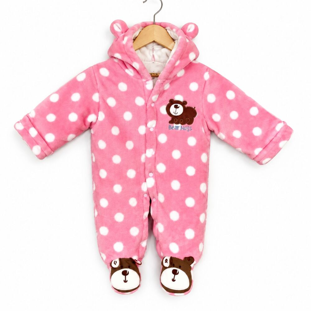 Boutique Baby Bear Snowsuit 6 Months Pink Polka Dot Hooded Fleece Footed Romper